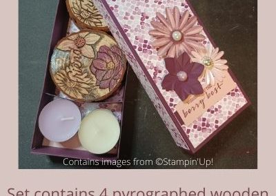 Tealight and coaster set in purple, pink and white contains 4 pyrographed wooden coasters and 4 scented tealights